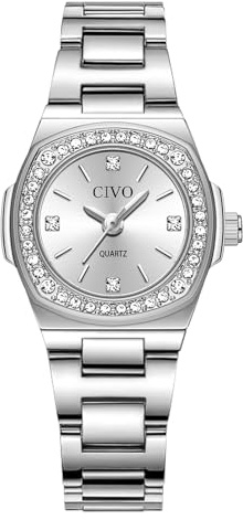 CIVO Reloj Mujer Acero Inoxidable: Plata Pequeño Analógico Cuarzo Impermeable con Diamantes - Diseñado para Muñecas Delgadas - Ideal para Oficina y Negocios