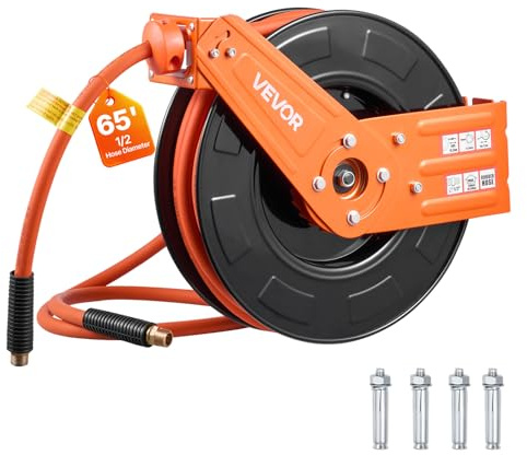 VEVOR Retractable Air Hose Reel, 1/2 Inch x 65 FT Rubber Air Hose Max 300PSI, Auto Rewind Air-Compressor Hoses Reel with 5 ft Lead in, Ceiling/Wall Mount for Garage Workshops