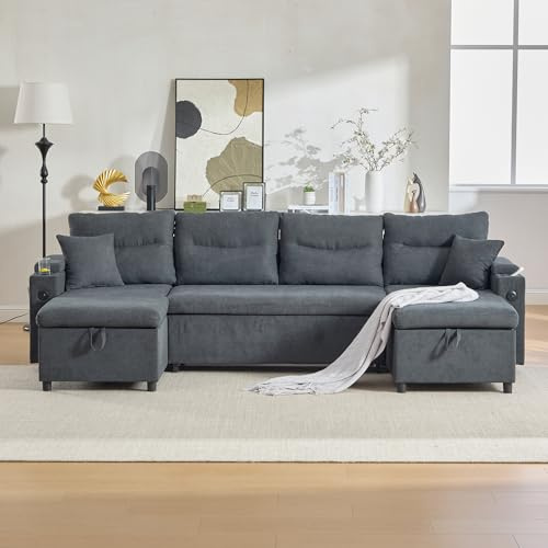 Moderner 4-Personen-Stoffsofa mit beidseitigen Chaiselongues, integriertem Stauraum, Getränkehaltern, USB-Anschlüssen und ausziehbarer Schlaffunktion – stilvoll für jedes Wohnzimmer. (Dark Gray)
