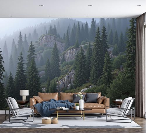 Papel Pintado De Bosques Nubosos Y Laderas 200x140cm, Fotomurales Papel Pintado Paisaje Naturalista, Panoramico Decorativos Dormitorio Salón Sala Verde Profundo Murales Papels Tapiz