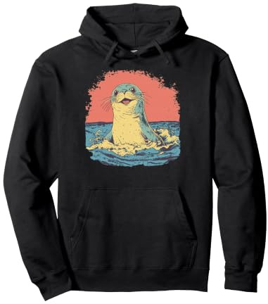 Happy Seal Surfing Waves Vintage Ocean Life Graphic Pullover Hoodie