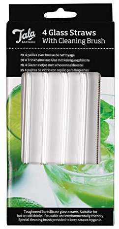 Tala Barware Reusable Glass Drinking Straws, Pack of 4 Toughened Borosilicate Straws with Cleaning Brush, Eco-Friendly, Dishwasher Safe, for Hot & Cold Drinks, Smoothies & Milkshakes