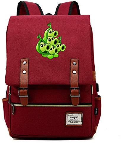 WANHONGYUE Plants vs. Zombies Spiel Backpack Vintage Schulrucksack Schulranzen Studententasche 15,6 Zoll Laptop Rucksack mit USB-Ladeanschluss Red / 4