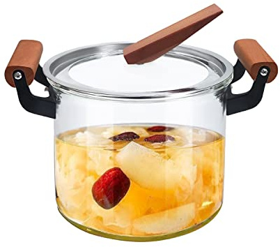 ABHOME Cacerola de vidrio con tapa para cocinar olla de vidrio, estufa de 5 l resistente al calor de madera doble asas estufa vidrio transparente para cocinar leche, pasta y alimentos para bebés