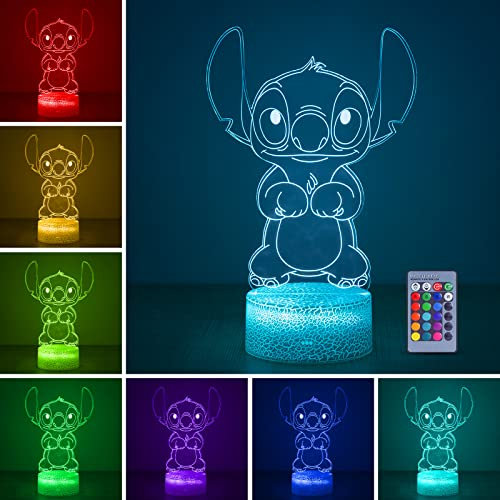Hoofun Lampada Stitch con Timer e Memoria, 16 Colori 3D Illusione LED Luce Notturna, Telecomando e Controllo Touch, Regalo Stitch per Bambini Camera Decorazione Compleanno Natale
