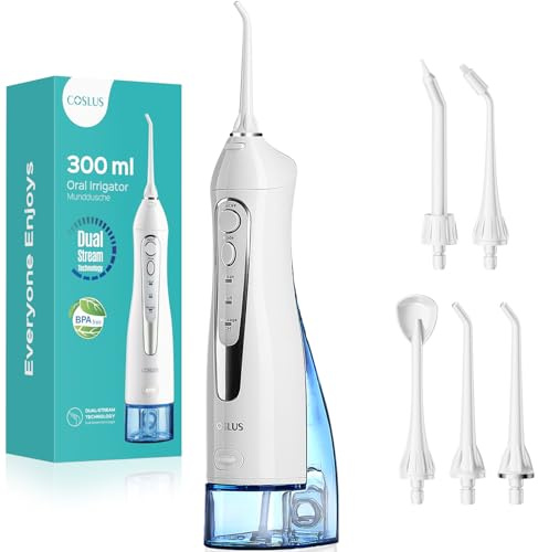 COSLUS Water Dental Flosser Teeth Pick C20: Portable Cordless Oral Irrigator 300ML Rechargeable Travel Irrigation Cleaner IPX7 Waterproof Electric Flossing Machine for Teeth Cleaning, White