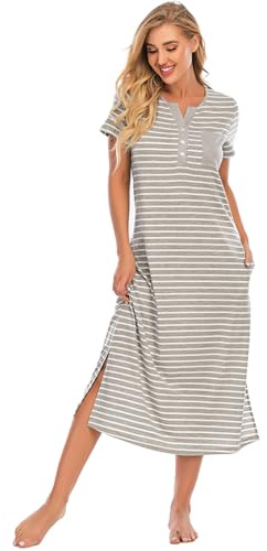 Jlowesun Women's Long Nightshirt Nighties Nightdresses Short Sleeve Button Down Nightgown Night Shirt Dress V-Neck Sleepwear Nursing Pajama Dress for Ladies