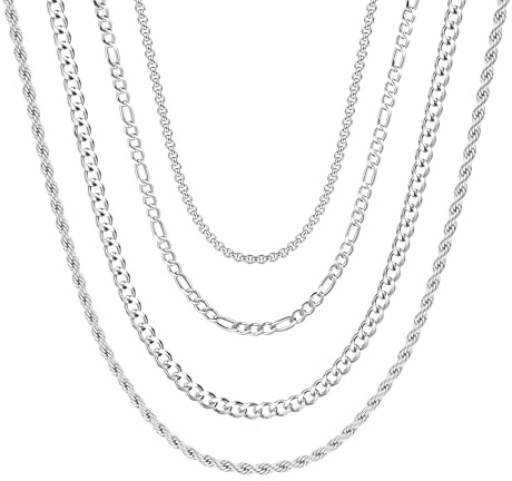 CASSIECA 4 PCS Chaîne en Acier Inoxydable Collier pour Hommes Femmes Argent Corde Chaîne pour Pendentif Cubain Lien Figaro Rolo Collier Ensemble 46cm