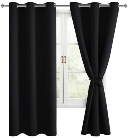 Hiasan Verdunklungsvorhänge Gardinen mit Ösen, Schwarz Blickdicht Vorhänge, Thermovorhang Ösenschal Vorhang 2er Set, 117 x 137 cm (B x H), weiche Schiebevorhänge für Schlafzimmer und Wohnzimmer