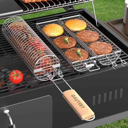 GAUYEBY Rolling Grill Basket, Grill Baskets for Outdoor Grill, REMOVABLE HANDLE, Anti-Scorch Stainless Steel BBQ Net Tube for Meat, Shrimp, Vegetables, Grill Accessories, Gifts for Dad, Husband (Round)