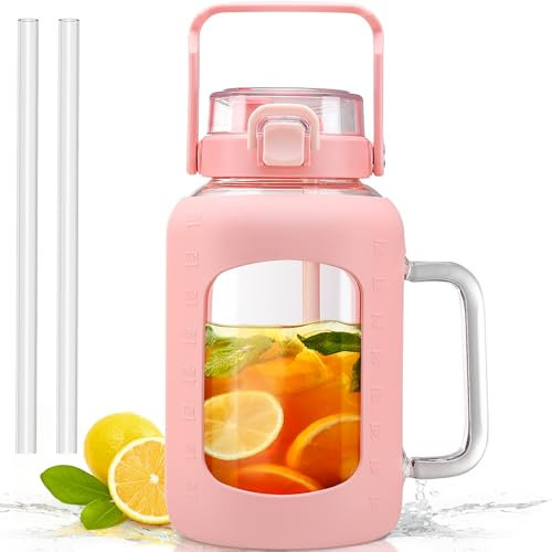 HYDRAGLAZIC 2 Liter Wasserflasche aus Glas mit Griff 2L Glasbecher mit Strohhalm und Deckel Motivationsreich Sport Wasserkrug mit Zeit und Volumenmarkierung Auslaufsicher, Rosa
