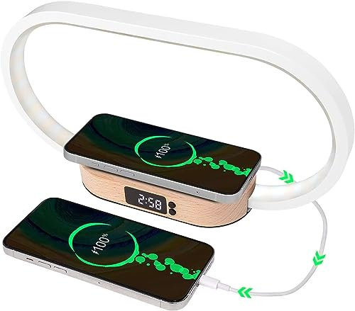 Lampe de chevet avec chargeur sans fil, Lampe de table multifonctionnelle dimmable à commande tactile avec port USB avec 3 couleurs et horloge, Lampe de chevet, Lampes de table modernes