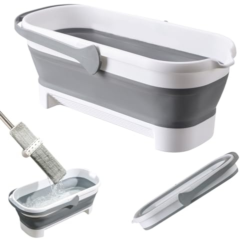 Grand seau de balayage plat Skeadex - Eimer de nettoyage plat - Grand seau pliable pour balai rotatif - Eimer rectangulaire avec manche - Balai de sol plat - Grand seau pliable pour le nettoyage