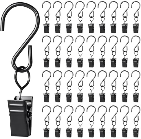 Sheryl&Rain 50 Stück Metall Clips Haken, Vorhang Klammern mit Haken, Vorhang Clips Metall, Klammern MitHaken für Aufhängen Von Gardinen DIY Fotos Lichterketten, Schwarze