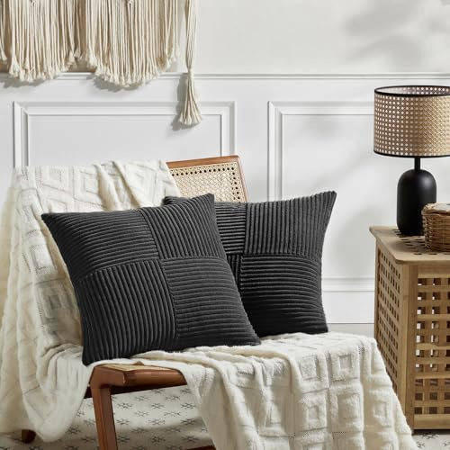 FDTERN 2er Set Schwarz Kordsamt Kissenbezug 40x40CM Weich Moderne Dekorative Kissenbezüge Kissenhülle Dekokissenbezug Sofakissen Dekokissen Boho Deko für Sofa Schlafzimmer Wohnzimmer Balkon