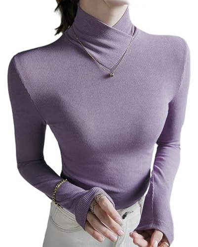 Juneyou Pull à col roulé croisé en polaire pour femme - Col roulé à manches longues - Tricot extensible - Coupe ajustée