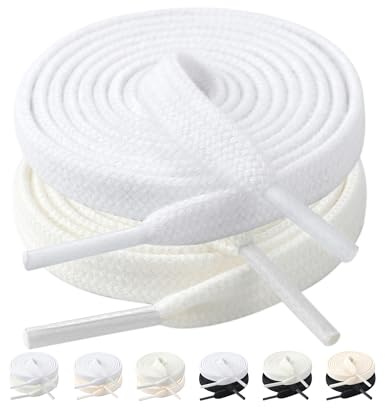 Stepace 2 par platta skosnören av 100 % bomull, 8 mm breda slitstarka skosnören för sneakers, sportskor, sneakers, Vit + off white, 130
