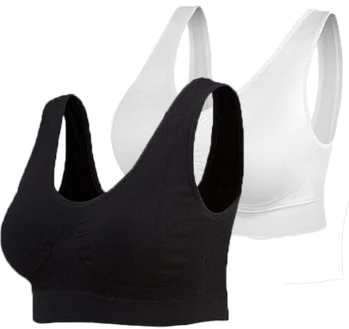 SZJH 3-pack enkelt ultrakomfort sömlös sportstil BH med avtagbara dynor, Svart+vitt, 5XL