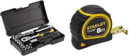 Stanley Stmt82672-0 Coffret De Douilles ¼’’ + Cliquet 72 Dents + 1 Rallonge 75Mm + 1 Porte Embout & Mètre Tylon Boitier Bi Matière 8m x 25mm - Ruban Anti-Corrosion - Blocage du Ruban