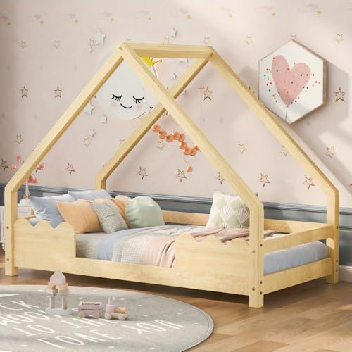 OCACA Hausbett Kinderbett 80x160cm mit Rausfallschutz Spielbett Jugendbett Massivholz in Natur