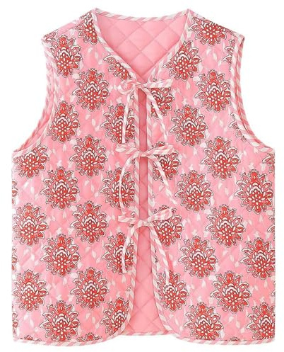 Yimoon Women's Cropped Quilted Vest Floral Printed Puffer Vest Lightweight Sleeveless Tie Front Padded Gilet Outwear(Pinkfloral-M)