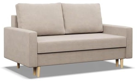 Mebligo - Sofa Mit Schlaffunktion und Bettkasten Blank, 2 Sitzer 152 cm Breit, Schlafsofa Mit Bonellfederkern im Sitz, Ausziehbares Couch auf Holzfüßen, Wohnzimmer - Beige