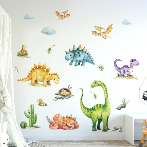 Tanlaby Wandtattoo Dinosaurier Set Kaktus Aquarell Dino Wandsticker | Aquarell Dino für Jungen Babyzimmer Kinderzimmer Spielzimmer