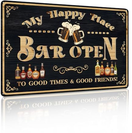 my happy place bar openBar Sign Decor Metal Tin Signs for Home Bar Man Cave Vintage Wall Accessories Beer Cheers Decorations Gifts 12X8 Inches (2471)