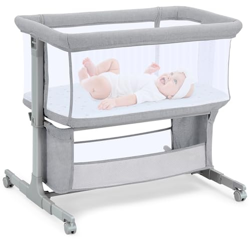 Growaystory Beistellbett Baby Bettseitiger Bassinet für Neugeborene Tragbarer Baby Bett mit Rädern Aufbewahrungskorb Matratze 7-Fach Höhenverstellbar Zustellbett (Hellgrau)
