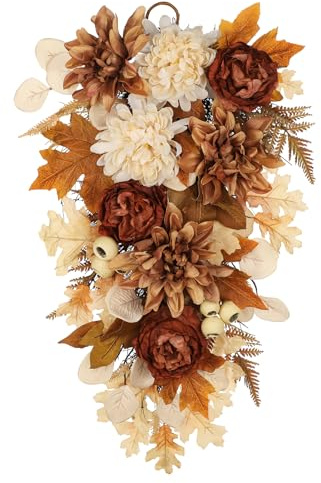 60cm Herbstkranz Künstlich Pfingstrose Blumenkranz Deko groß mit Tannenzapfen und Beeren Herbstkranz Kürbis Deko für Haustür, Wände, Fenster, Kamin, Tisch Herbst Dekoration, Halloween Decor