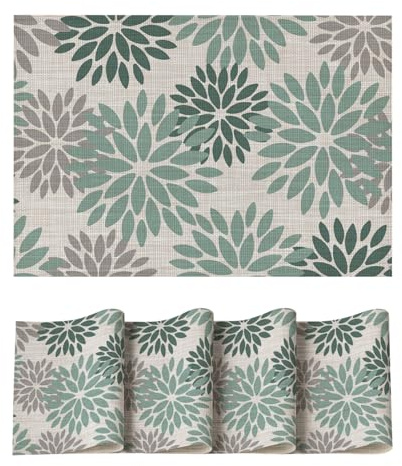Artoid Mode Sets de table en PVC Vert Dahlias d'été, lot de 4, 30x45cm, Sets de table résistants aux taches et à la chaleur, Décoration de cuisine