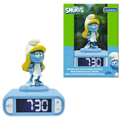Lexibook, Smurfars nattljus väckarklocka, ljud och melodier, bakgrundsbelyst LCD-skärm, lysande, snooze, blå, liten