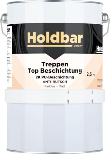 Holdbar Treppen Top Beschichtung Anti-Rutsch Matt 2,5 Kg - Treppenlack Transparent - 2 komponenten Deckbeschichtung - Abriebfest - Innen- und Außeneinsatz - Auf Holz und Beton - Treppen Farbe