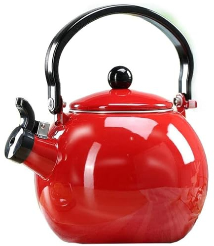 Bouilloire vintage en émail, théière portable, sifflante de 2 litres(Rouge)