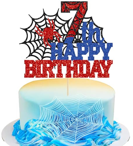 Ephlyn 1Pcs Happy 7th Birthday Spider Themed Cake Topper, Blue Red 7