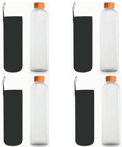 Bouteille d'eau en verre avec bouchon en bambou Bouteille en verre borosilicate écologique recyclable réutilisable sans toxiques sans BPA (4 x Bouteille sans slogan + Étui noir, 1500 ml)