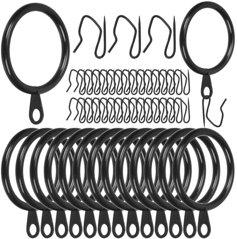 Swpeet 60pcs 43mm / 1,7 Inre diameter Svart metall gardinring med Pin-on draperi krokar sortimentsats, Drape glidande ögon ring metall gardinring krokar, för fönster dörr dusch