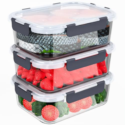 RockBerry 3-Packs 1000ML Glass Container Food Storage,(Total 3000ML) Meal prep containers with lids Airtight for Lunch, Bento Box Food Storage Containers for Microwave, Freezer,Oven &Dishwasher Safe