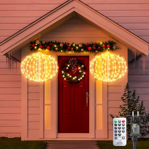 Hängende LED Kugel Lichter (2 Stück), 124 LED Schnell Ausklappen Lichtkugel, 30cm|8 Modi|4 Dimmbar|3 Timer|Warmweiß, Weihnachtsbeleuchtung Außen/Innen Strom, Lampion, Geeignet für Gärten, Terrassen
