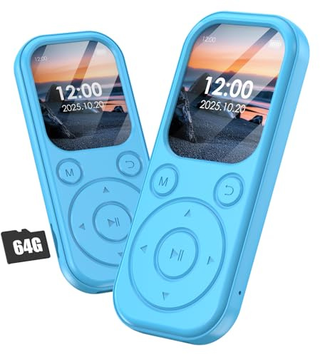 Olycism 64 GB MP3-Player mit Bluetooth 5.3, tragbarer Musik-Player mit HiFi-Klangqualität und FM-Radio, 300 mAh Akku, inkl. eingebauten Lautsprechern, geeignet für Sport, Reisen, Blau