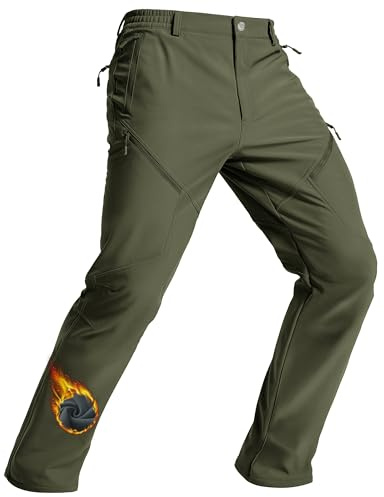 TACVASEN Men's Fleece Lined Winter Warm Snow Ski Pants Softshell Waterproof Green Tactical Hiking Pants Insulated Outdoor Work Hunting Trousers