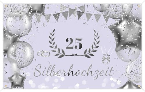 Elegante Silberhochzeit Deko Hintergrunddecke, 25. Jubiläum Banner mit silberhochzeit geschenkideen, Hochzeitstag Feier Dekoration, Silberne Zahlen “25”, Champagner- und Ringe-Muster, Garten