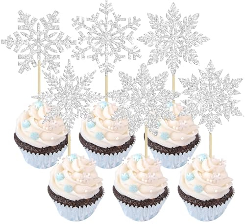 Gyufise 36Pcs Snowflake Cupcake Toppers Glitter Frozen Cupcake Picks Snowflake Cake Decorations for Winter Wonderland Frozen Theme Baby Shower Birthday Christmas Party Supplies Silver
