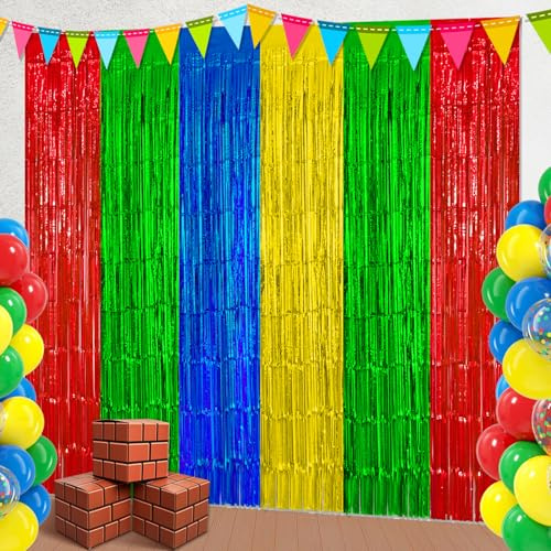 Video Game Foil Fringe Curtains Backdrop Birthday Party Decorations, 4 Pack 3.28 X 6.56 Ft Red Green Yellow Blue Tinsel Streamer Banner Photo Booth Props for Cartoon Gaming Themed Decor Supplies