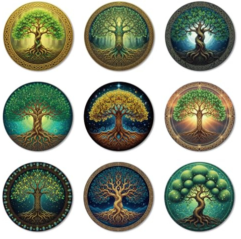 ANATTASOUL Tree of Life Wood Coasters Set of 9 for Coffee Table | Home Decor,3.9 Round,Vintage,Colorful Wooden Cup Mat,Funny Desk Coasters,for Apartment,Office,Bar,Kitchen,Gifts