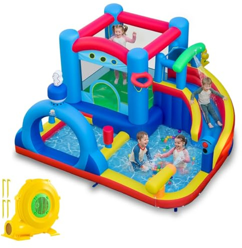 COSTWAY Inflatable Water Park, Kids Bouncy Castle with Slide, Splash Pool, Water Cannon, Punching Bag, Ocean Balls & Basketball, Outdoor Blow Up Bounce House for 3-12 Years Old (with Blower)