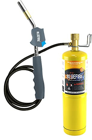 BLUEFIRE HZ-8388B Self Igniting 3' Hose Gas Welding Torch with Handy Clip and MAPP Bottle,Super Swirl Flame Handhold Portable Hosed Nozzle Head Fuel by Propane MAP Pro (Torch kit with MAPP)