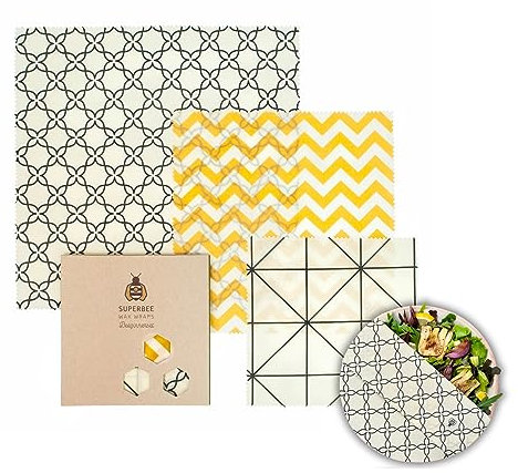 SUPERBEE Involucri di Cera D'api Riutilizzabile e Lavabili per Alimenti, Set di 3 Beeswax Wrap, Carta Cera Dapi per Avvolgere Cibo, come Verdure, Formaggi, Panini e Piatti, Fogli Cera S/M/L