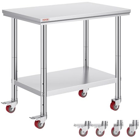 VEVOR Tavolo da Lavoro in Acciaio Inox 60 x 85 x 90 cm Professionale, Catering Tavolo da Lavoro per Cucina in Acciaio Inox con Le Ruote,Tavolo da Lavoro Commerciale