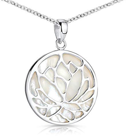 Muschel Perlmutt Anhänger Silber 925 Lotusblume rund Ø 24mm KA-42-Weiß | Echtsilber Kettenanhänger Lotus in edler Schmuck Box wahlweise mit Kette von MATERIA by Matthias Wagner